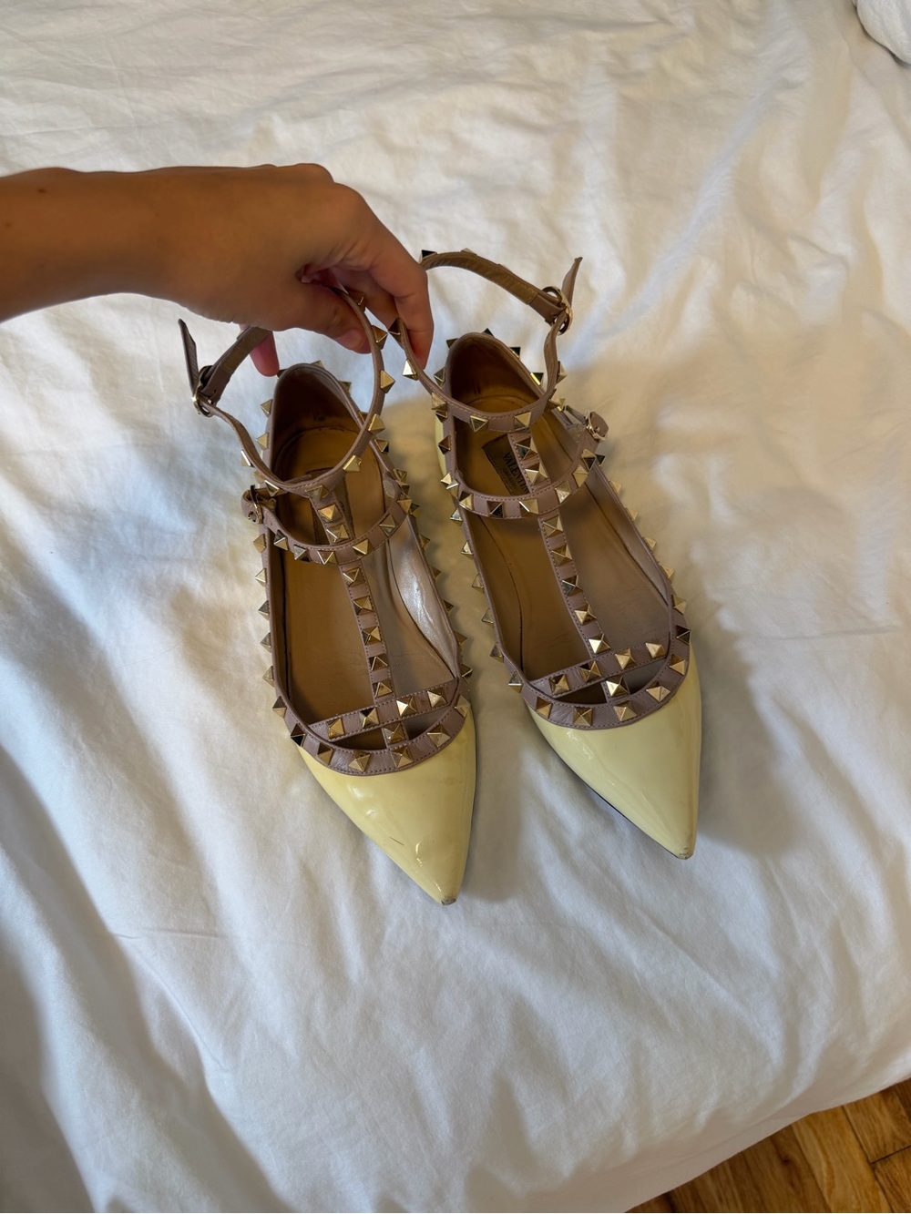 Valentino Rockstud Pointed Toe Flats in Yellow and Taupe